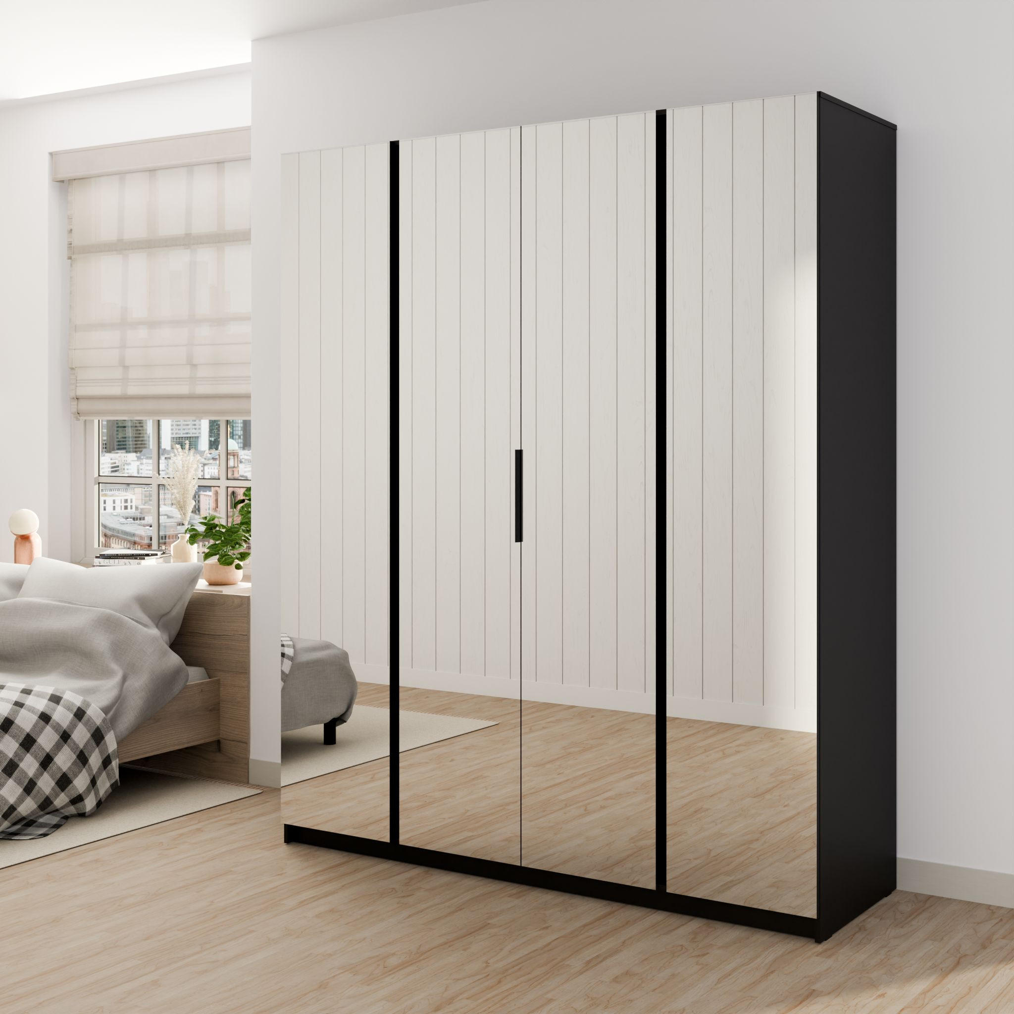 DREHTÜRENSCHRANK CAGLIARI 200/239/61,9cm 4-türig mit Spiegel Schwarz - Goldfarben/Schwarz, Holzwerkstoff (200/239/61.9cm) - MASSENO