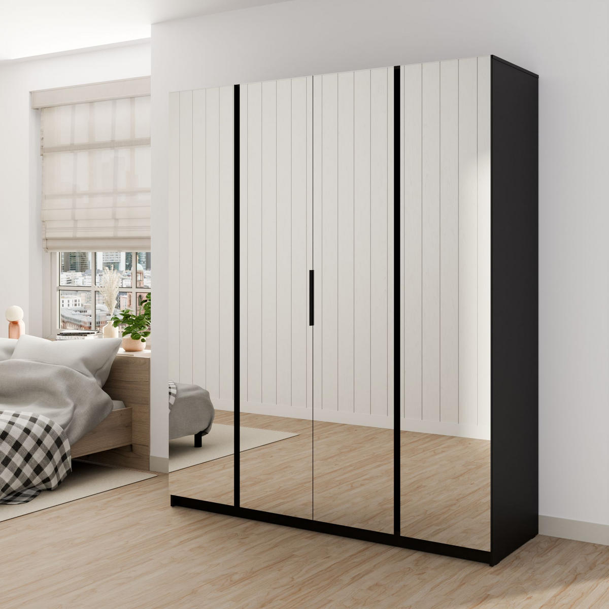 DREHTÜRENSCHRANK CAGLIARI 200/239/61,9cm 4-türig mit Spiegel Schwarz - Goldfarben/Schwarz, Holzwerkstoff (200/239/61.9cm) - MASSENO