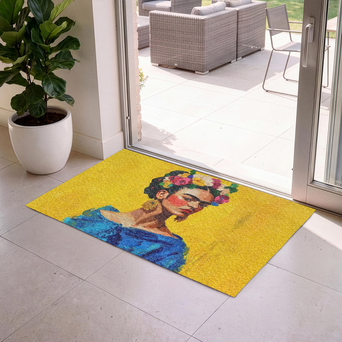 ROHOŽKA Frida Kahlo - Žena - Žlutá - Modrá - Květiny 120x80 cm - žlutá, textil/umělá hmota (120/0.4cm) - MuchoWow