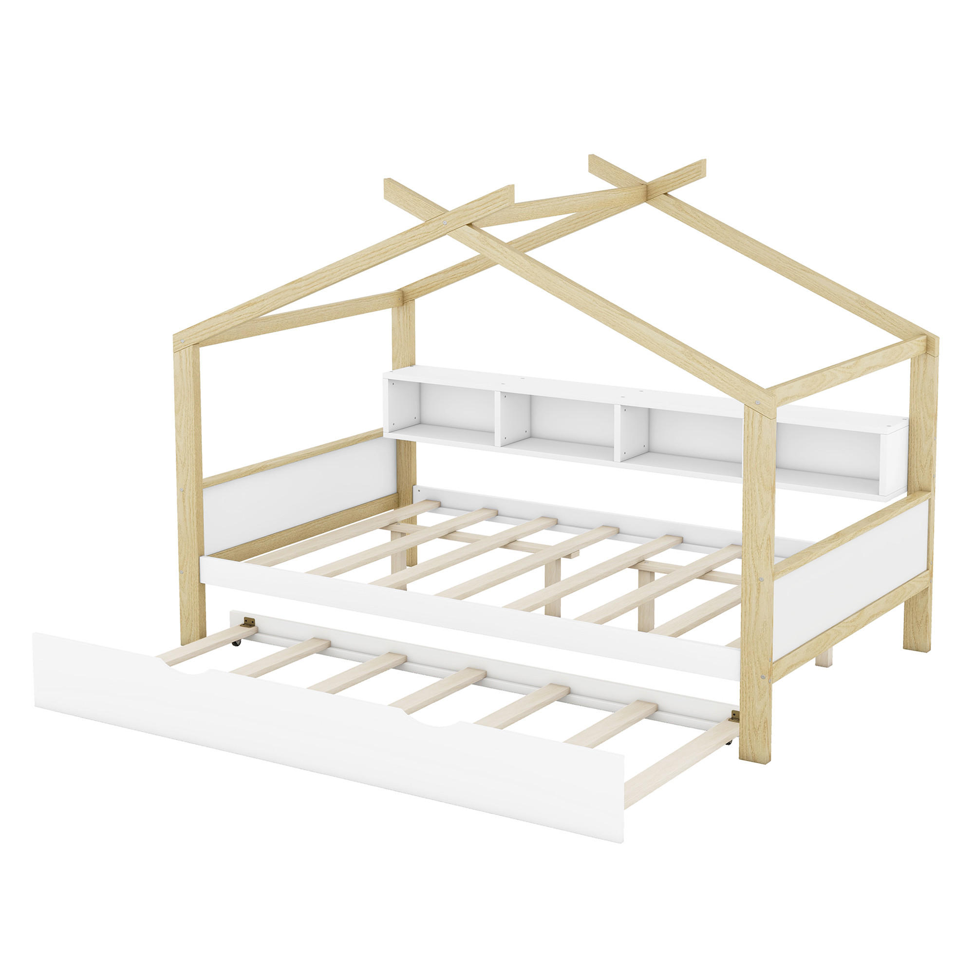 HAUSBETT 140/200 cm DE-04750, mit Ausziehbett und vier Staufächern in Weiß - Weiß/Naturfarben, Holz/Holzwerkstoff (140/200cm) - ComfortXL