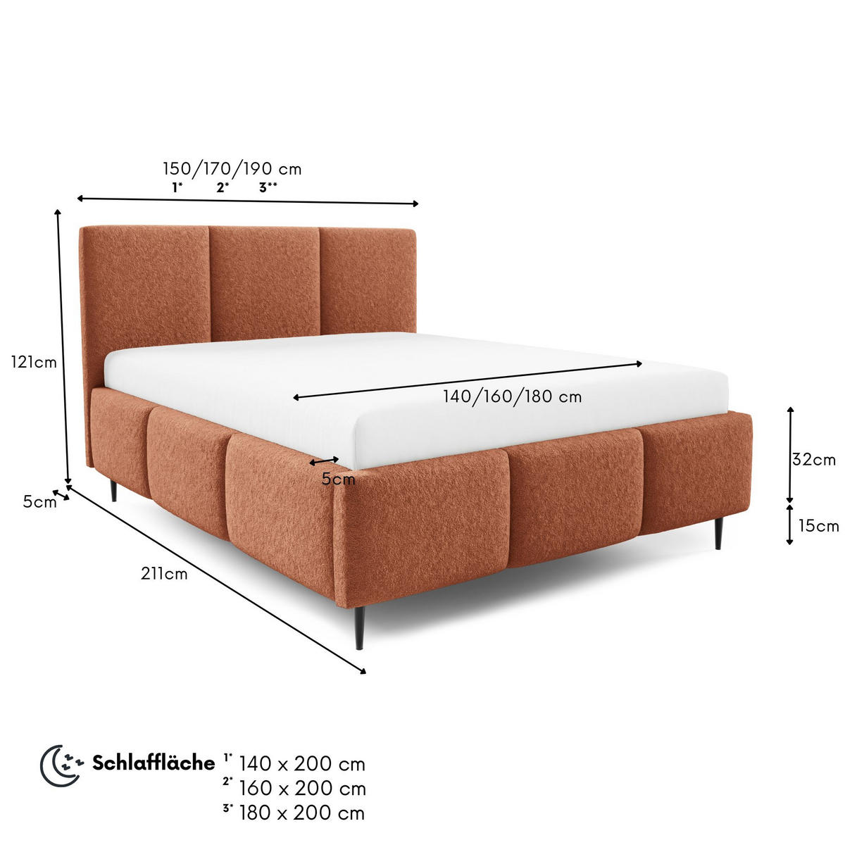 POLSTERBETT VALERIO mit Beinen mit Bettkasten, Bett 180x200,Doppelbett,Lattenrost,Boxspringbett-Optik,ohne Matratze,Schlafzimmer-Fuchsrot - Orange, Holz (180/200cm) - Furnistar
