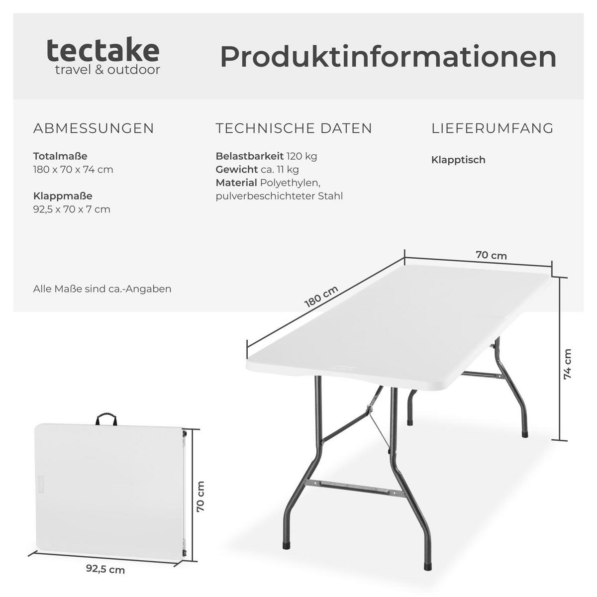 CAMPINGTISCH Panja, gummierter Tragegriff, weiß - Weiß, Kunststoff (70/180/74cm) - tectake