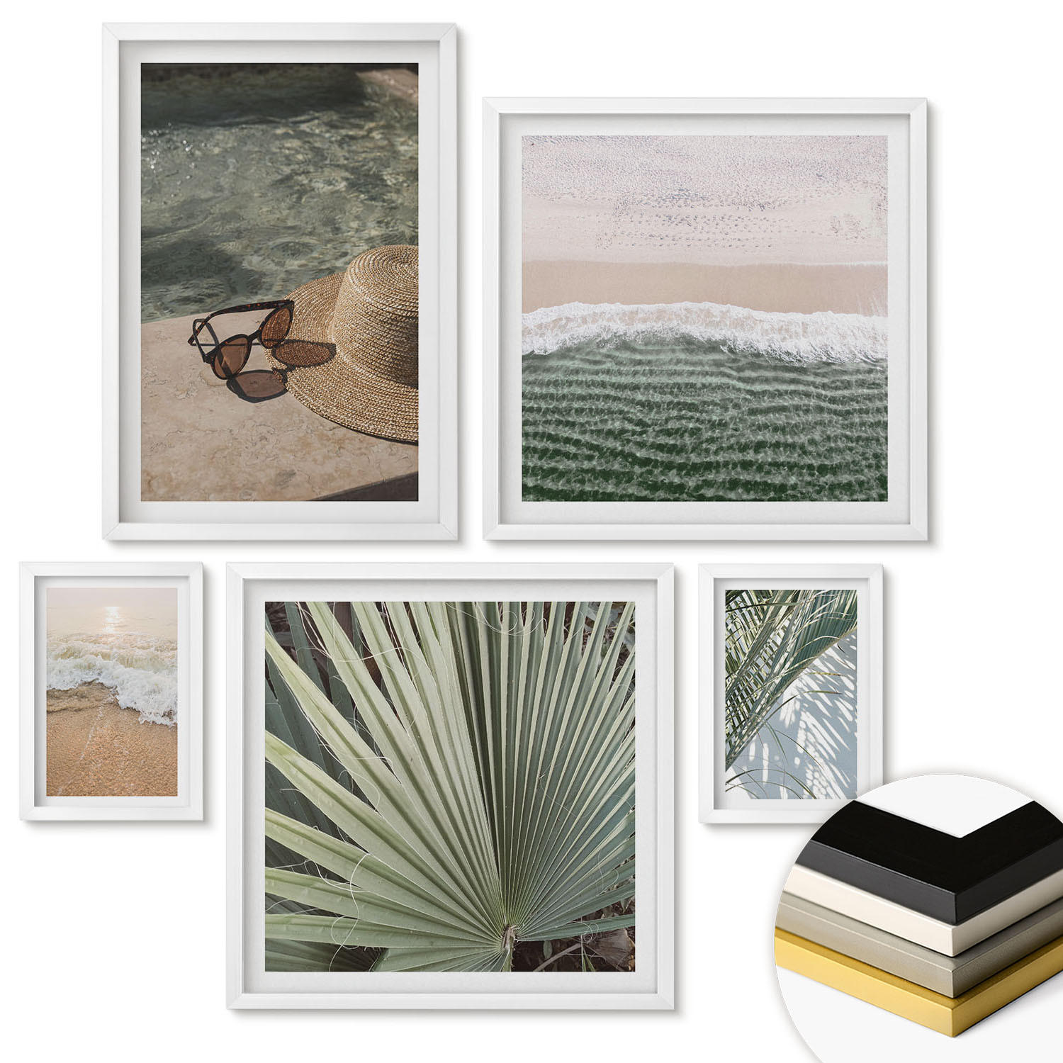 WANDBILDER 5er-Set - 50x50 cm & 20x30 cm & 40x60 cm Weißer Rahmen - Strandhut und Sonnenbrille - Weiß, Kunststoff (40/60cm) - ArtPrintCave