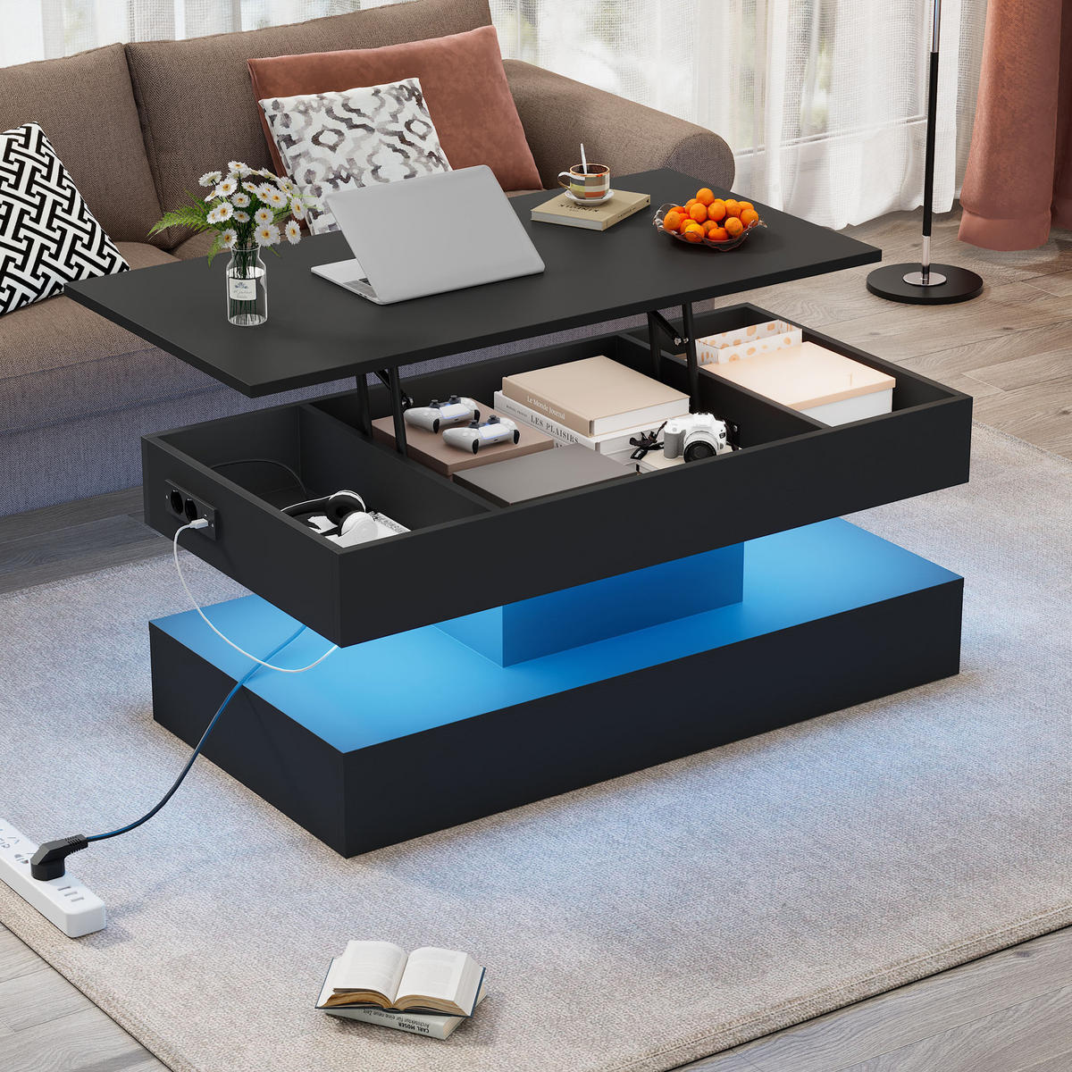 COUCHTISCH Schwarz 100/50/42 cm mit Hebefunktion, LED-Beleuchtung und Steckdosen - Schwarz, Holzwerkstoff (50/100/42cm) - PANGIVO