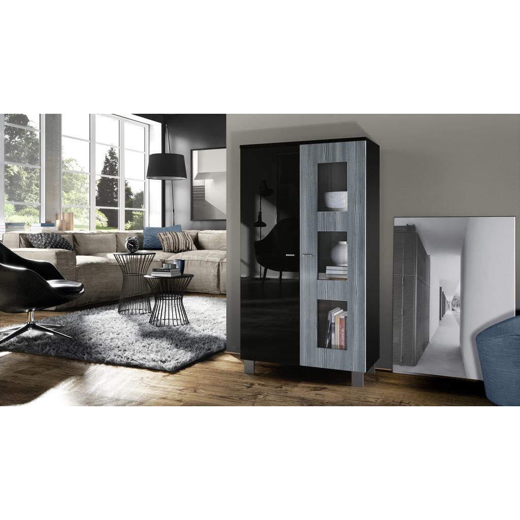 Thumbnail - Vladon Vitrine, Anthrazit, Holzwerkstoff, 71x129x35 cm, Wohnzimmer, Wohnwände, Vitrinenschränke