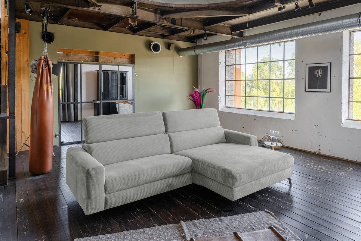 ECKSOFA LAISKA Hellgrau Cord - Hellgrau/Schwarz, Textil/Metall (282/177cm) - KAWOLA