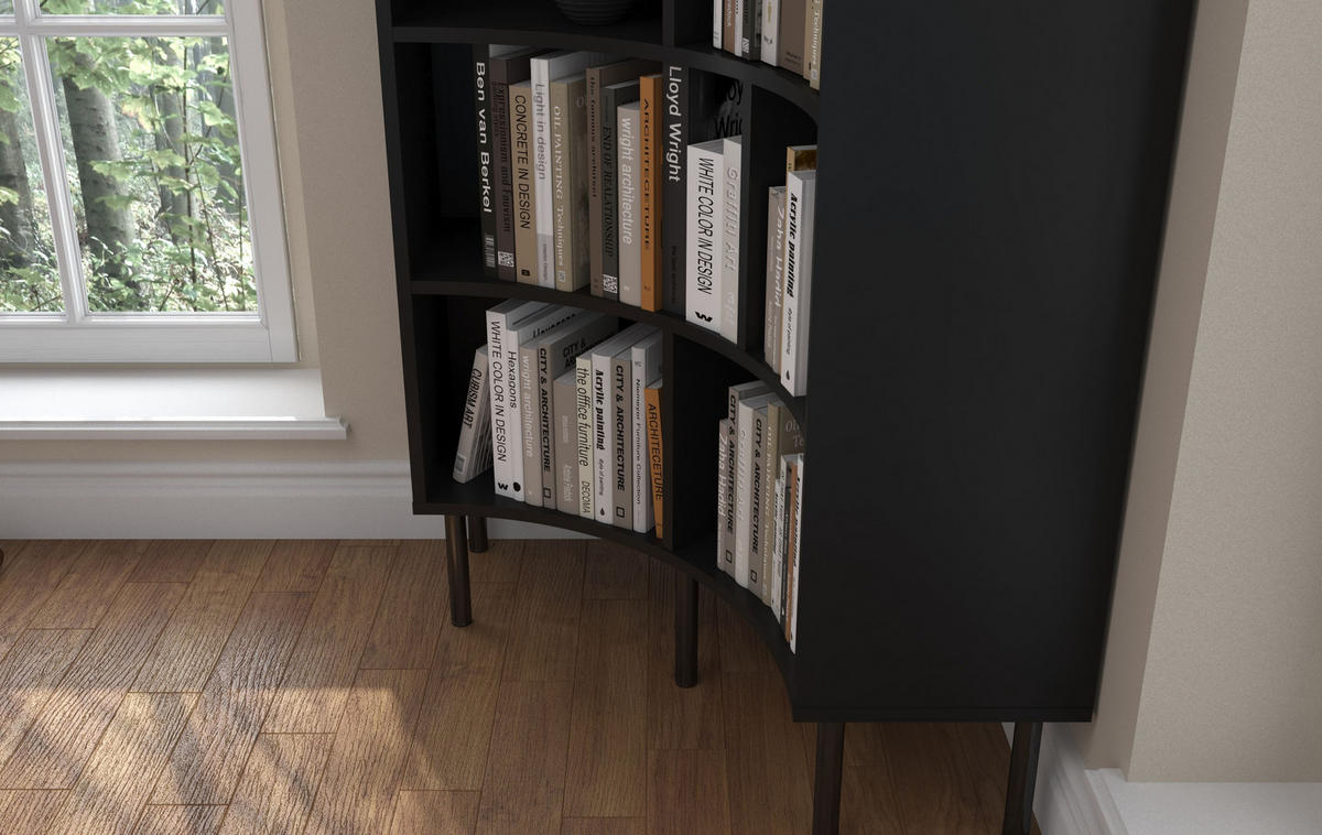 BÜCHERREGAL Horn, Schwarz, Bogenform, 10 Fächern, 80 cm - Schwarz, Holzwerkstoff/Metall (80/181/32cm) - Skandica