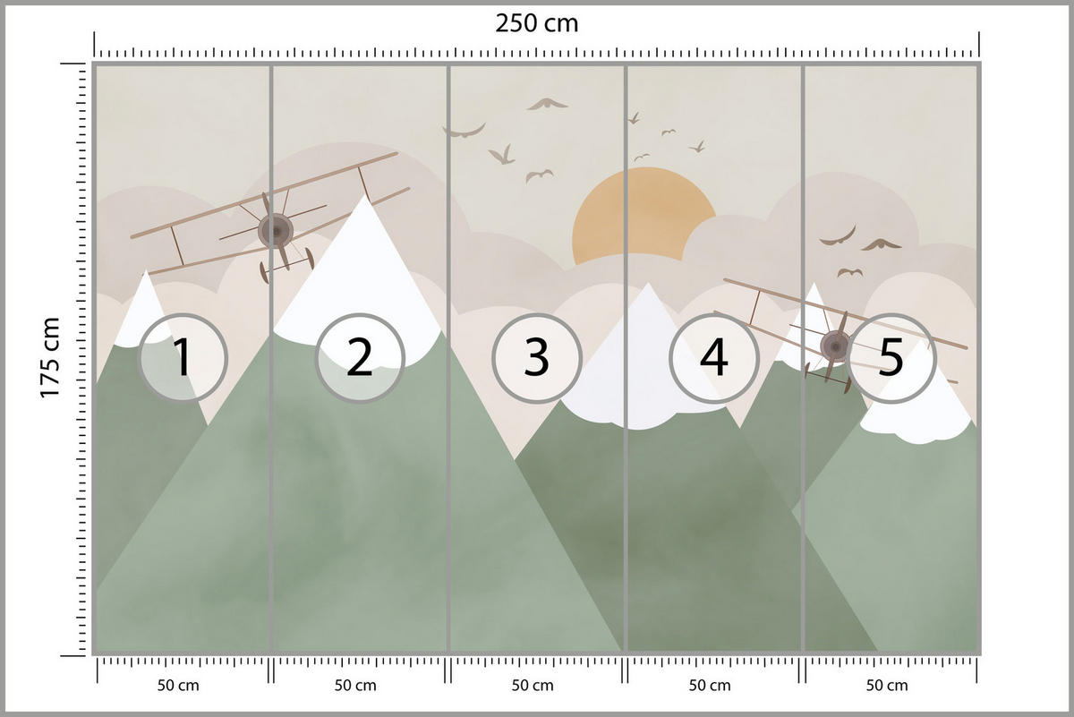FOTOTAPETE für Kinderzimmer Berge Flugzeuge Wolken 250x175 - Beige/Orange, Papier (250/175cm) - Muralo