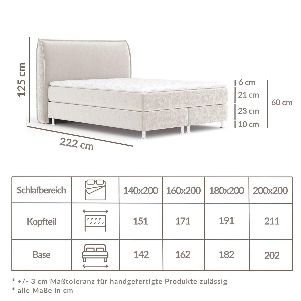 BOXSPRINGBETT Chermin Creme 160/200 cm mit Latex-Topper - Silberfarben/Creme, Holz/Holzwerkstoff (160/200cm) - Maison de Reve