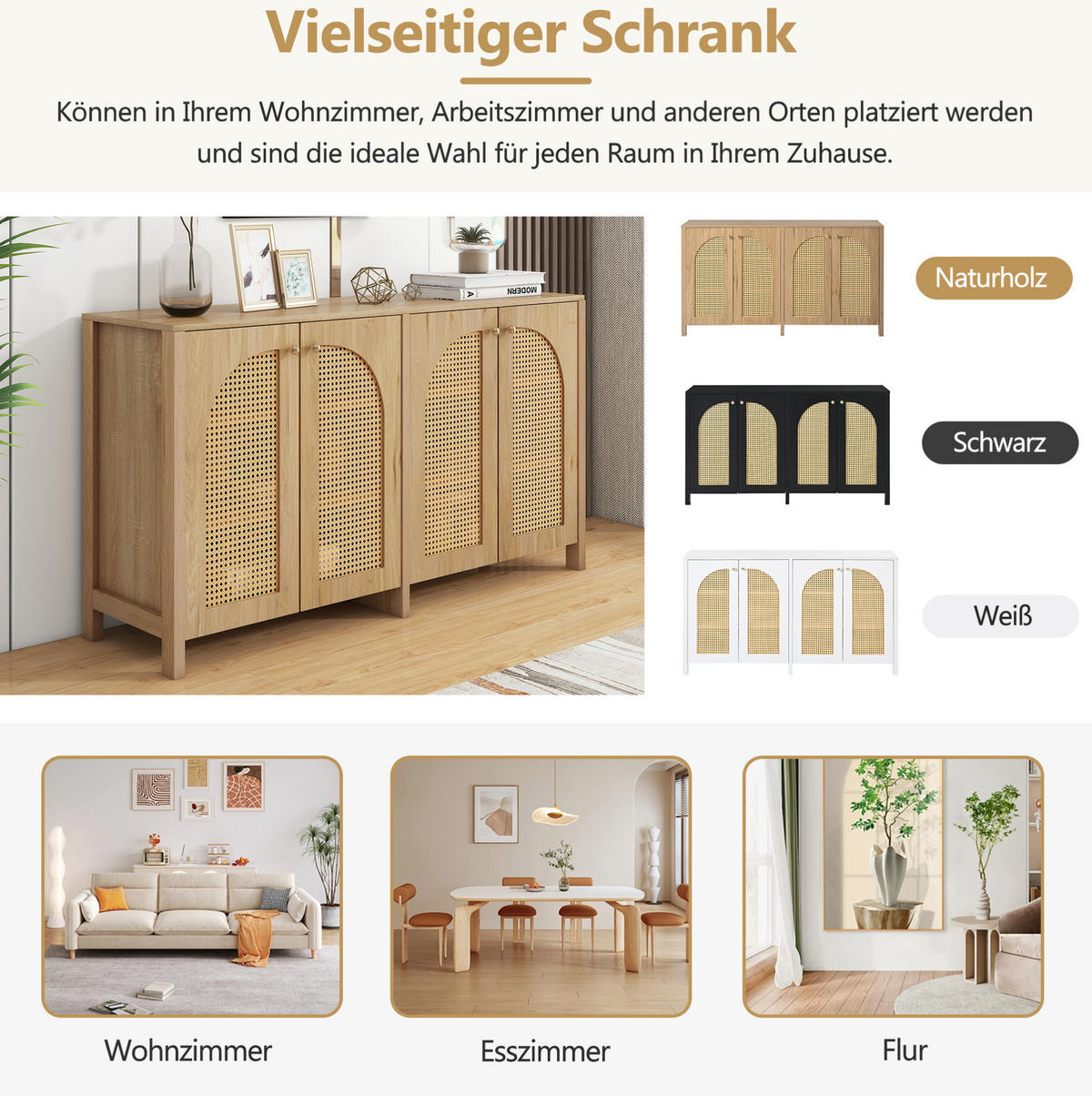SIDEBOARD mit 4 Türen in Naturfarbe – mit Rattan-Optik & viel Stauraum - Naturfarben, Holzwerkstoff (145/40/80cm) - BEAOK