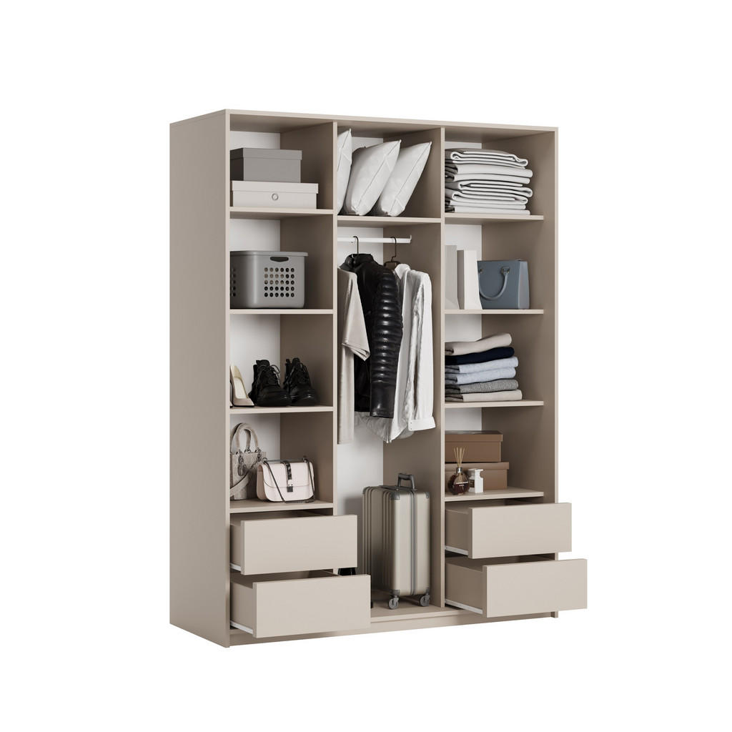 Thumbnail - Masseno Schwebetürenschrank, Kaschmir, Holzwerkstoff, 9 Fächer, 4 Schubladen, Rechteckig, 150x205x60 cm, Schlafzimmer, K...