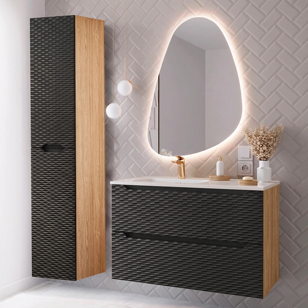 KOUPELNOVÝ NÁBYTEK 90cm Elora 2er-Set Černá a dřevěná - černá, kompozitní dřevo (90/57/46cm) - Petits-meubles