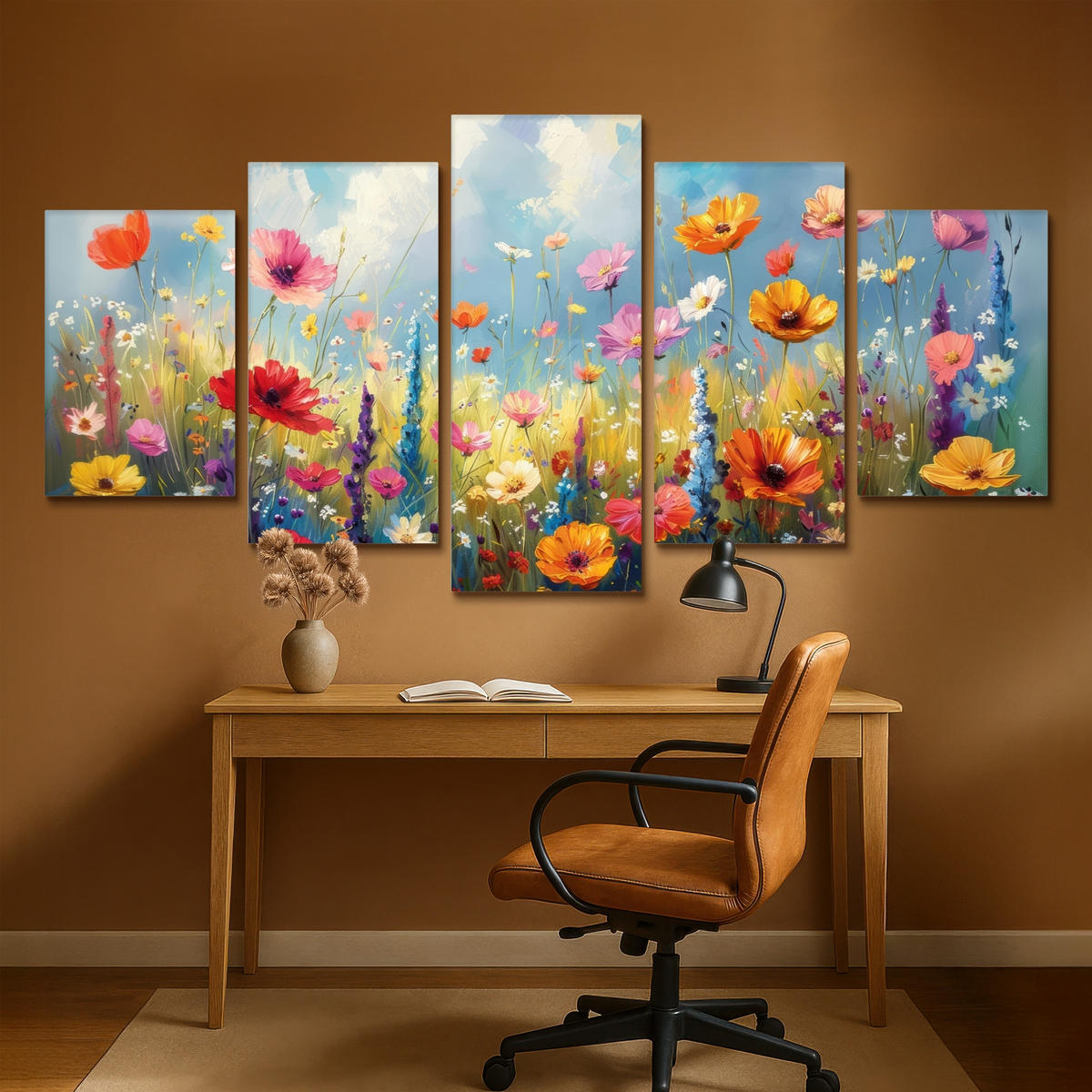 LEINWANDBILD 5er Set Blumen - Frühling - Farbenfroh - Sommerlich 200x100 cm - Orange, Textil (200/100cm) - MuchoWow