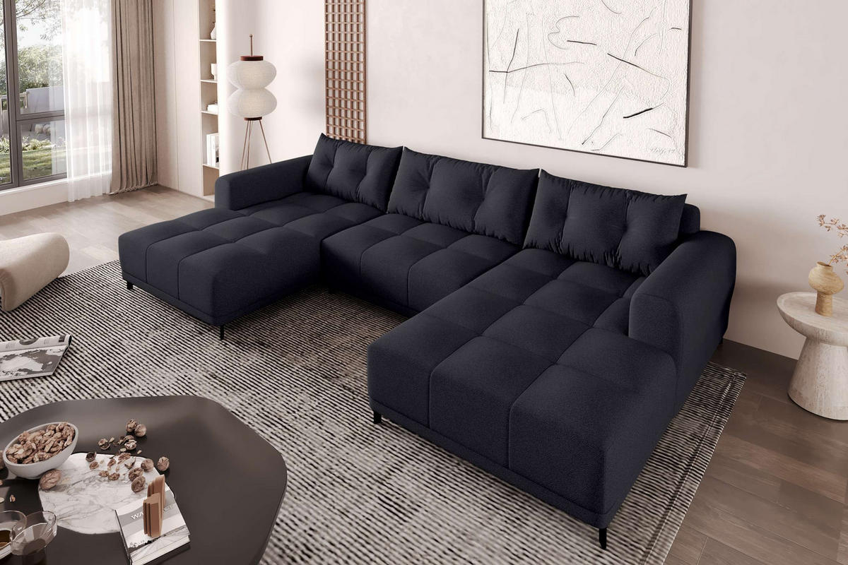 WOHNLANDSCHAFT Strukturstoff Schwarz inkl. Schlaffunktion - Schwarz, Textil/Metall (348/94/181cm) - 99rooms