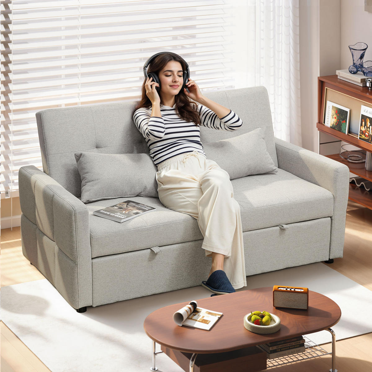 SCHLAFSOFA 2-Sitzer DE-14651 3-in-1 mit 3-fach verstellbarer Lehne Hellbraun - Braun, Textil (158/85/85cm) - ComfortXL