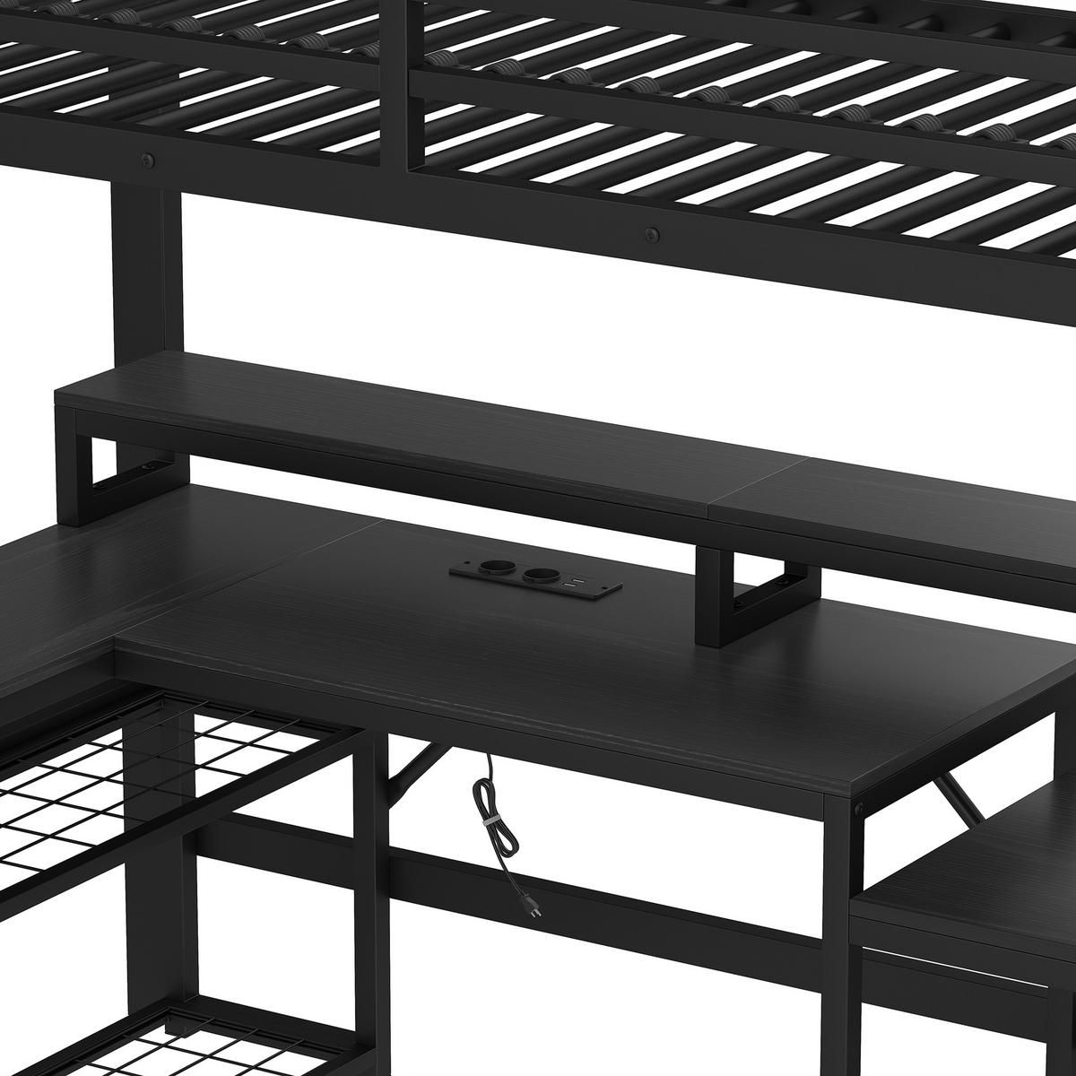 HOCHBETT 90x200cm Schwarz Metall LED-Licht Schreibtisch USB - Schwarz, Metall (90/200cm) - FLIEKS