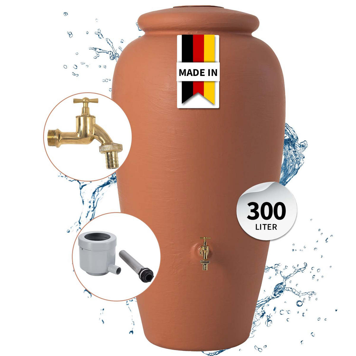 AMPHORE Komplett-Set 300 L, kotta inkl. Messing-Auslaufhahn und Fallrohranschluss - Terracotta, Kunststoff (68/129/80cm) - GARANTIA