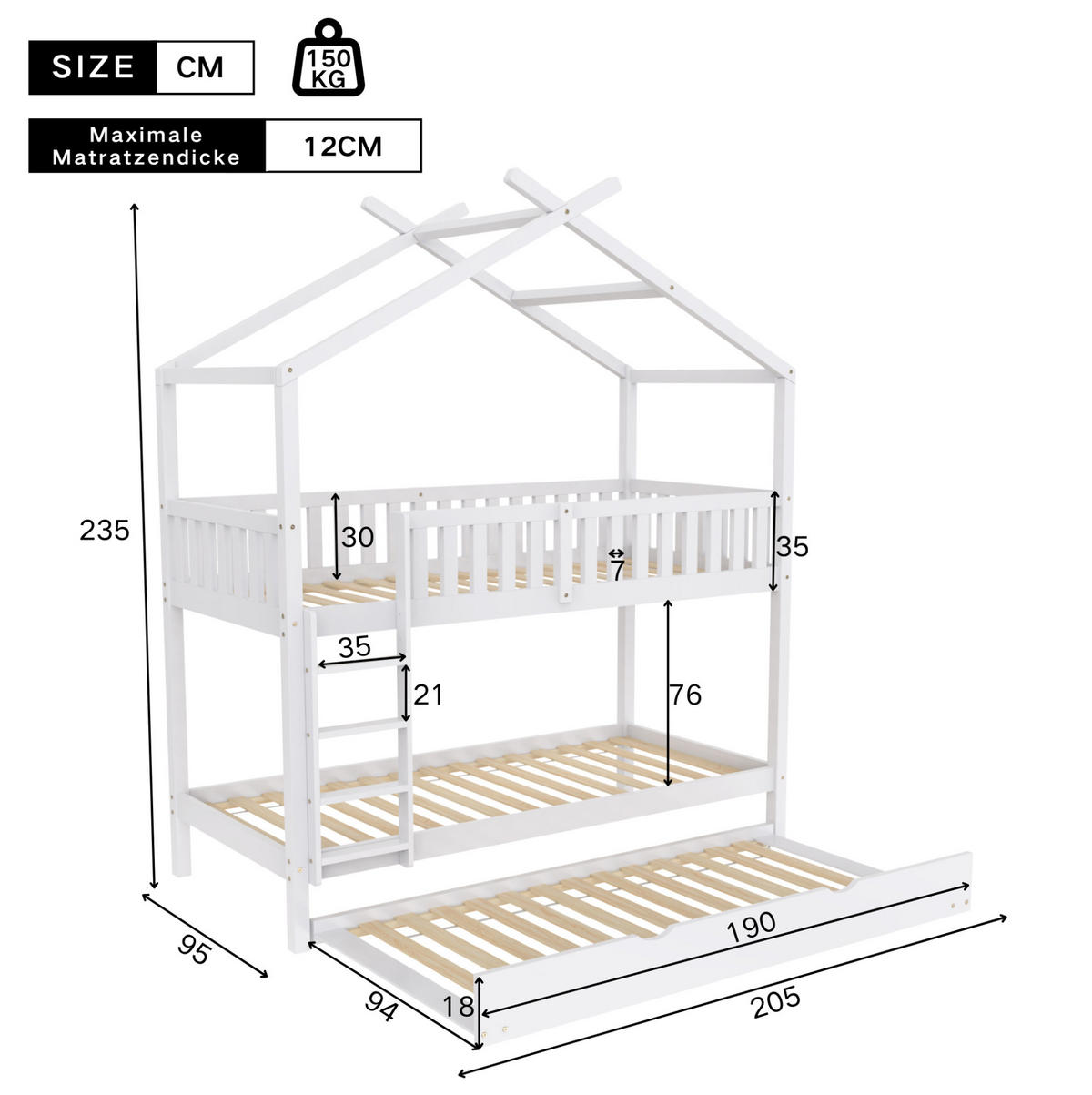 ETAGENBETT aus Kiefernholz 90x200 cm Weiß mit Ausziehbett und umbaubar zu 3 Einzelbetten - Weiß, Holz (90/200cm) - IVMEU