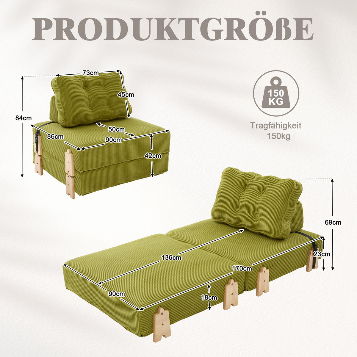 SCHLAFSESSEL ausklappbar mit Holzgestell, DE-42596, Fruchtgrün - Olivgrün, Holzwerkstoff (90/84/86cm) - ComfortXL