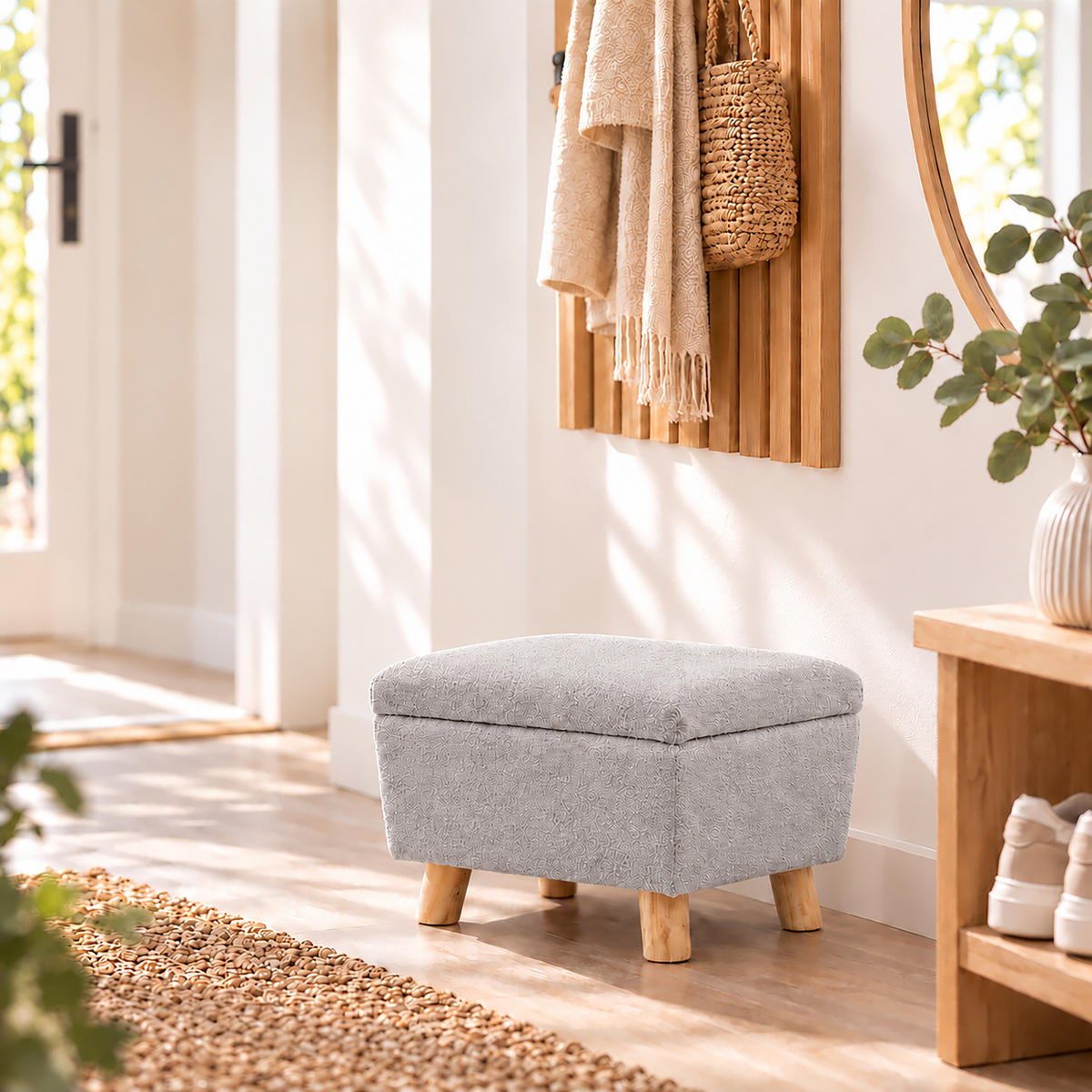 PODNOŽKA Světle šedá s úložným prostorem bouclé dřevěné nohy - šedá, dřevo/plast (40/28/30cm) - Relaxdays