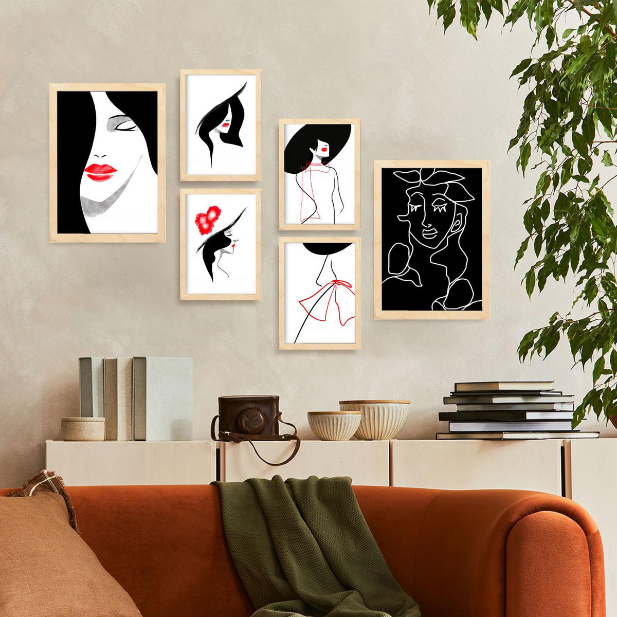 POSTER Set Mit 6 Stiftungs Schönheit In Weibliche Zusammenfassung Ästhetische Dekorative Gemälde Für Ihr Zuhause A3 & A4 Rahmen Aus Hellem Holz - Beige, Papier (29/3cm) - Nacnic