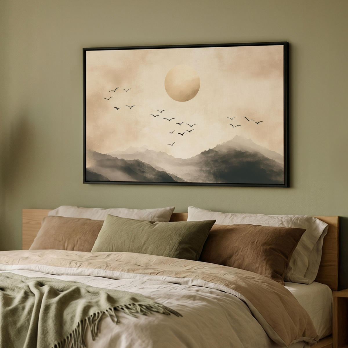 LEINWAND Bilder mit Rahmen - Landschaft - Japandi - Vogel - 90x60 - Beige, Textil (90/60cm) - MuchoWow