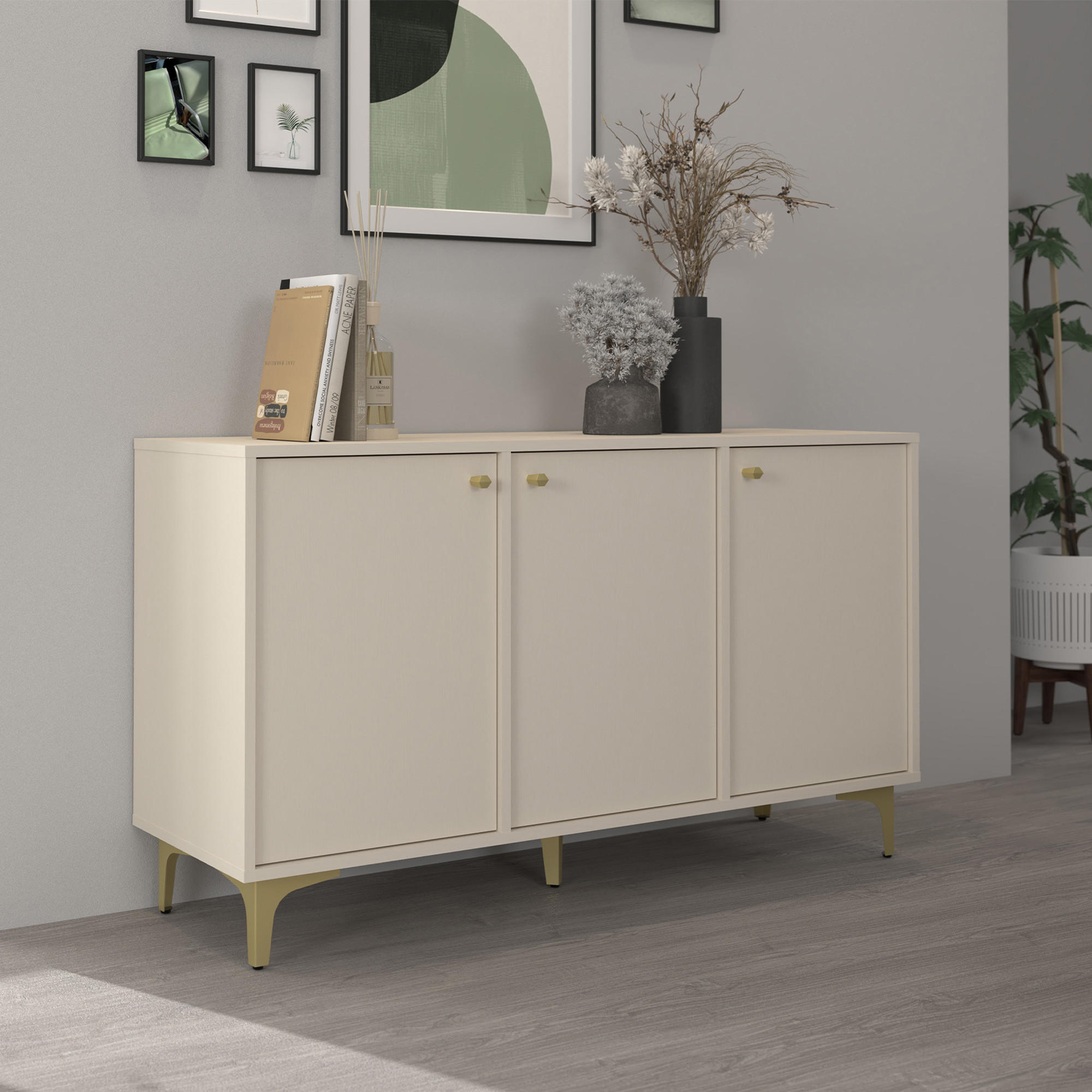 KOMMODE FLOREN, Creme/Gold - Creme, Holzwerkstoff/Metall (124.5/72.4/40.8cm) - KONSIMO®