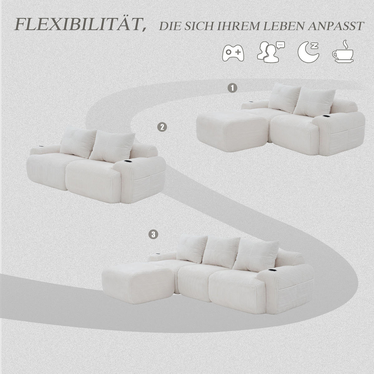 MODULARES 3-Sitzer Sofa Cordstoff mit Getränkehalter und Seitentasche 268/174/80 cm Beige - Beige, Textil (174/268cm) - Redom