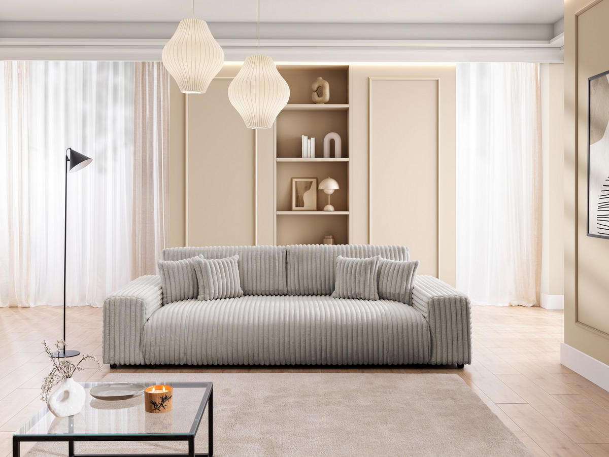 BIGSOFA Mollis Hellgrau Plüschcord mit Schlaffunktion - Hellgrau/Schwarz, Holz/Kunststoff (260/77/124cm) - S-Style Möbel