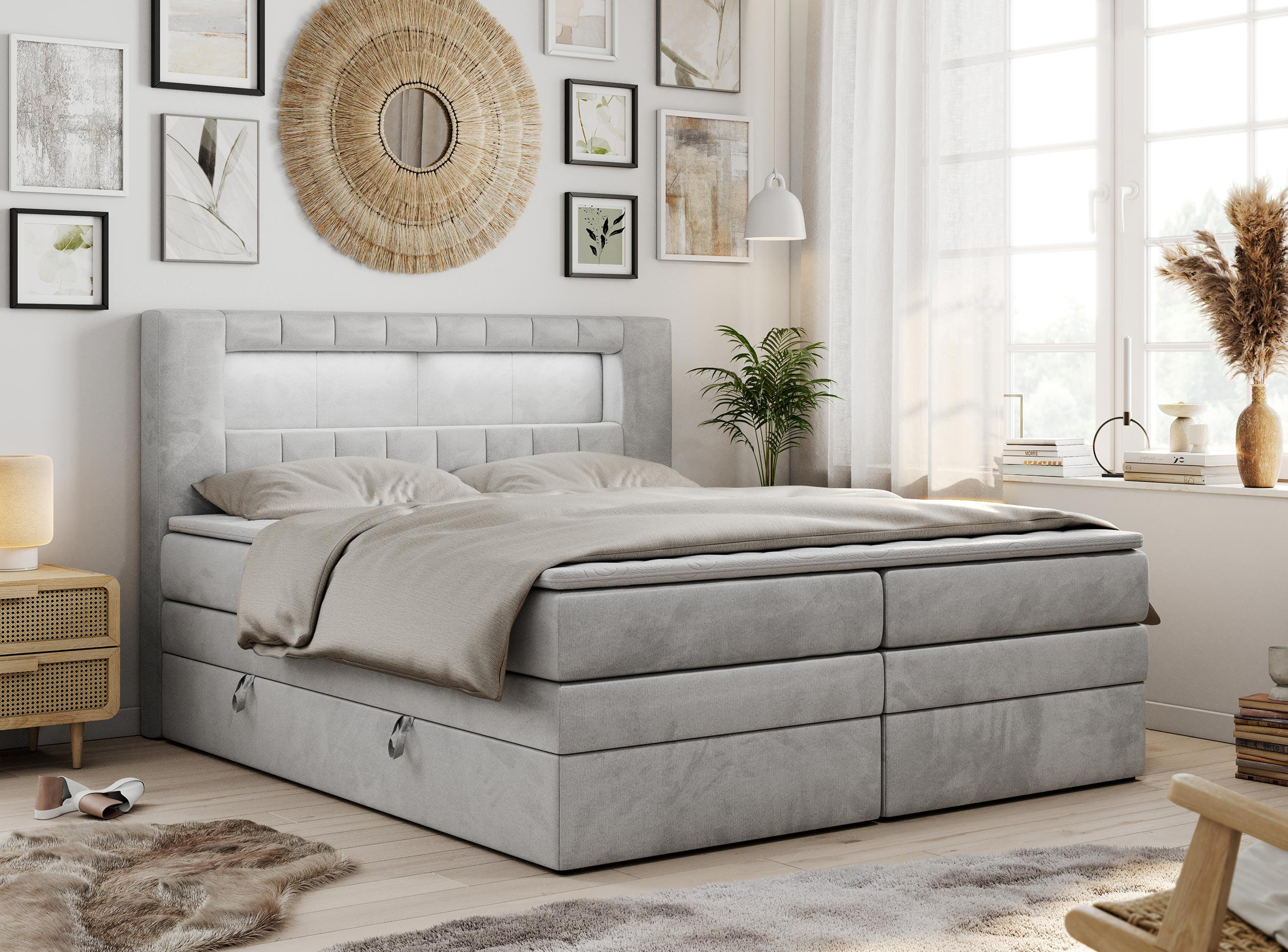 BOXSPRINGBETT GOLD-5 KING LED 140/200 Hellgrau Velvet - H4 - Hellgrau, Holz/Textil (140/200cm) - MKS