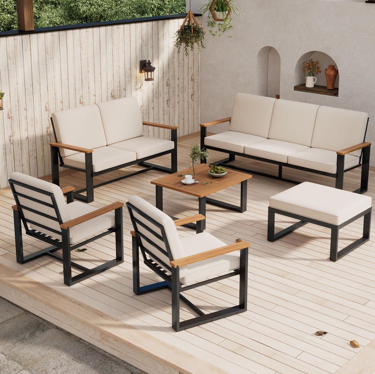 GARTENMÖBEL-SET mit 3-Sitzer, 2-Sitzer, 2 Sesseln, Couchtisch und Hocker, Akazienholz und verzinkter Stahl, Beige - Beige, Metall - Redom