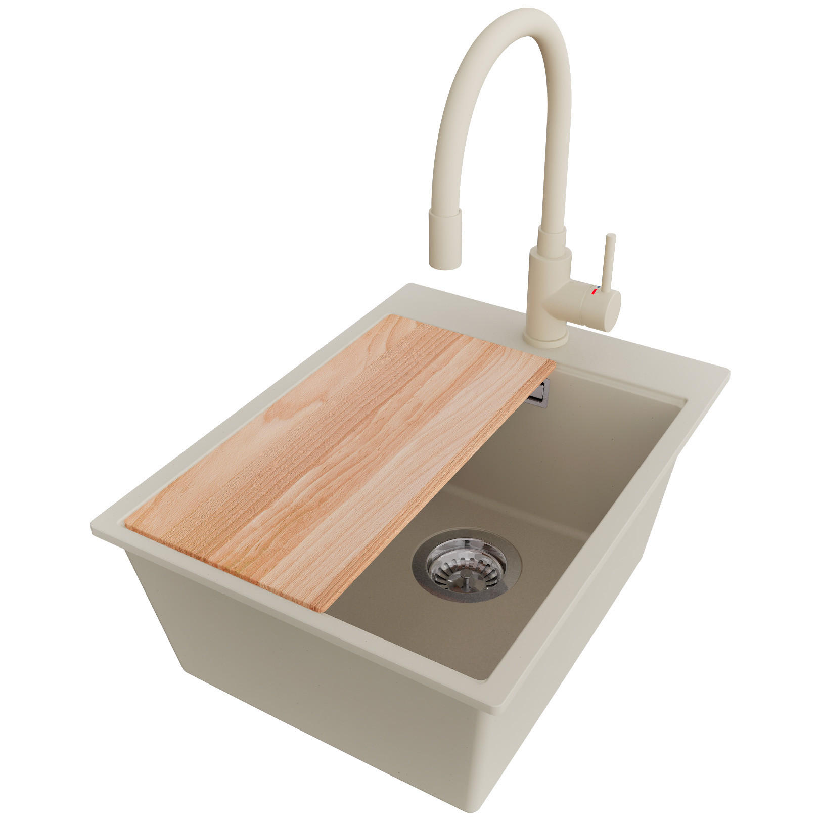 GRANITSPÜLE Oslo, 2-er set Beige 38/50 cm 1 Becken + Küchenarmatur 38/14 cm + Ablauf-Set + Schneidebrett ab 40er Unterschrank - Chromfarben/Beige, Kunststoff (38/20/50cm) - Primagran