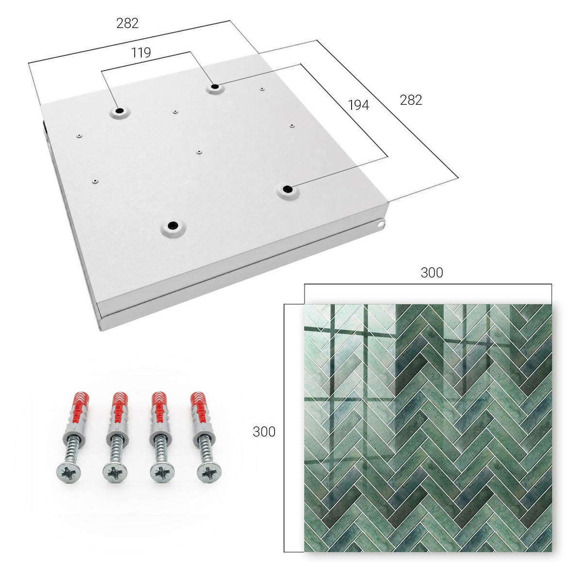 SCHLÜSSELBOX Weiß 30x30 cm – Türöffnung nach rechts - Grünes Fischgrätmuster - Grün, Metall (30/30/5cm) - TULUP