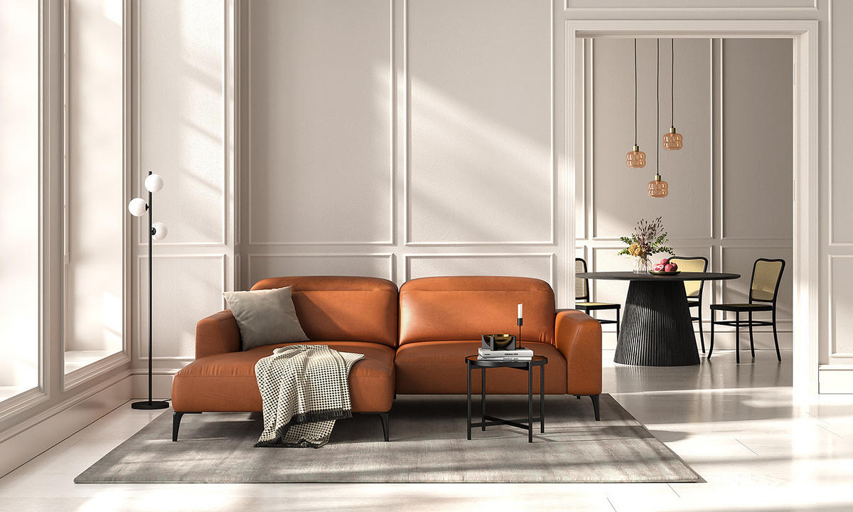 1,5-SITZER ECKSOFA mit Longchair - Kastanienfarben/Schwarz, Leder/Metall (232/180cm) - home24