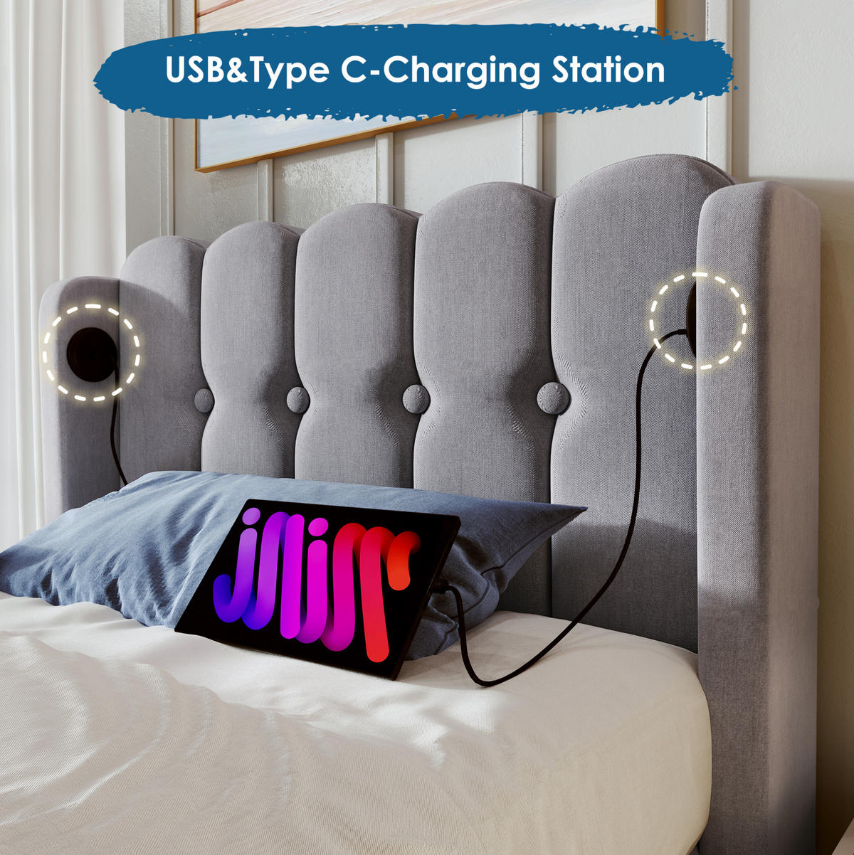 POLSTERBETT 90/200 cm Grau aus Leinen mit USB- und Typ-C-Ladefunktion - Grau, Textil (90/200cm) - OKMYHOME
