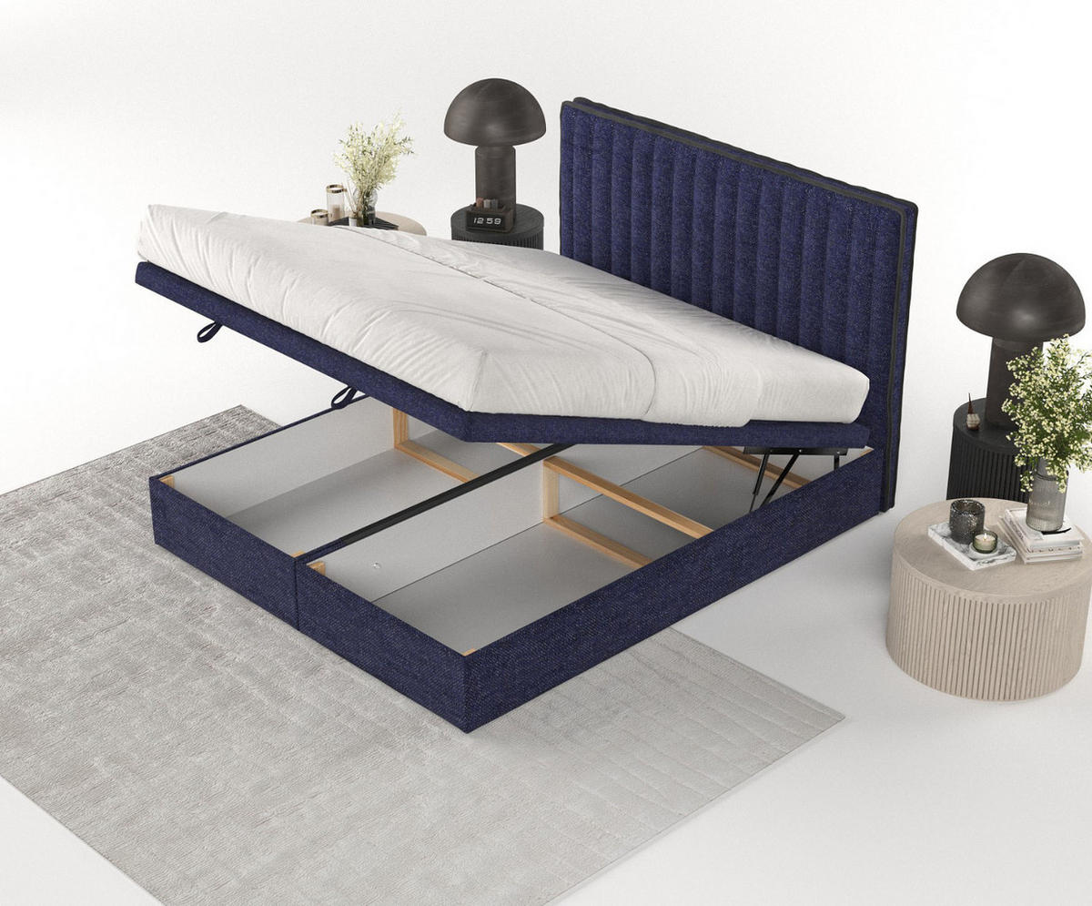 POLSTERBETT Keva mit Stauraum 120/200 cm Marineblau im Alta Stoff - Schwarz/Dunkelblau, Holz/Holzwerkstoff (120/200cm) - AltaBeds