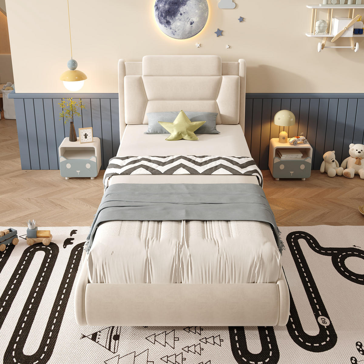 AUTOBETT 90/200 cm mit LED-Rädern, DE-41742, in Cremeweiß - Beige, Holz (90/200cm) - ComfortXL