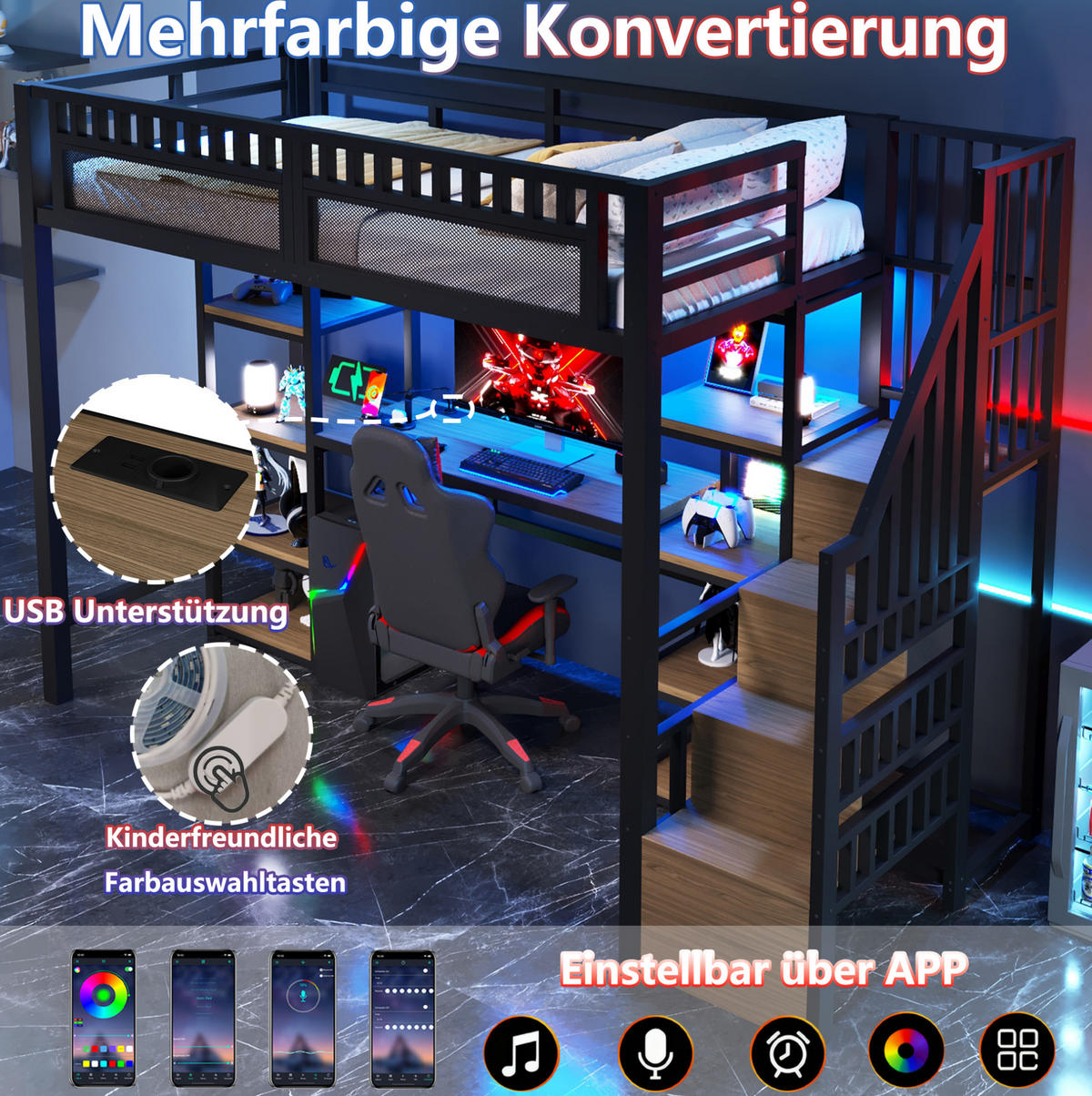 HOCHBETT 90/200 cm in Schwarz mit Schreibtisch, Stauraum und LED-Beleuchtung - Schwarz, Metall (90/200cm) - Flora Grace