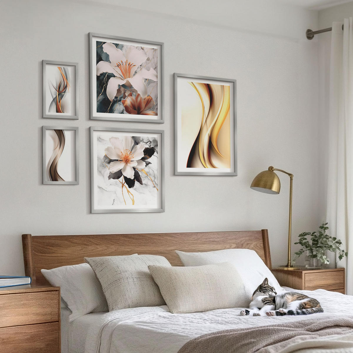 BILDER SET 5er Set - 50x50 cm & 20x30 cm & 40x60 cm Silberner Rahmen - Charmante Straßen und Pizza - Silberfarben, Kunststoff (40/60cm) - TULUP