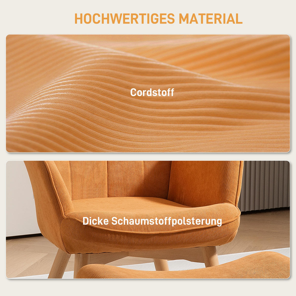 SESSEL mit Hocker, Ohrensessel mit Hoher Rückenlehne, Holzbeine, Cord, Braun - Bernsteinfarben, Textil (80/101/72cm) - HOMCOM
