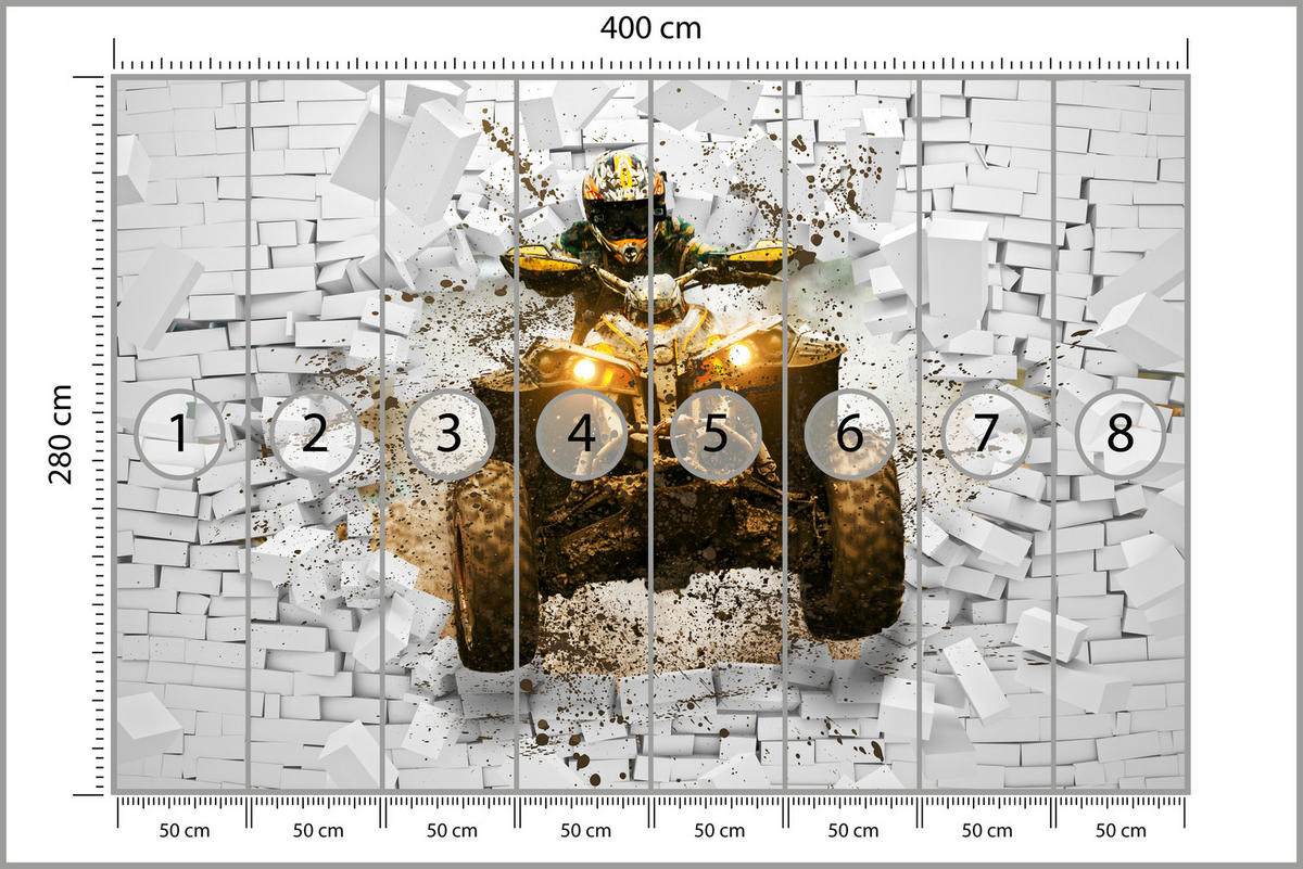 FOTOTAPETE für Büro Schlammbedecktes Quad Durchbricht Backsteinmauer 400x280 - Gelb/Beige, Papier (400/280cm) - Muralo