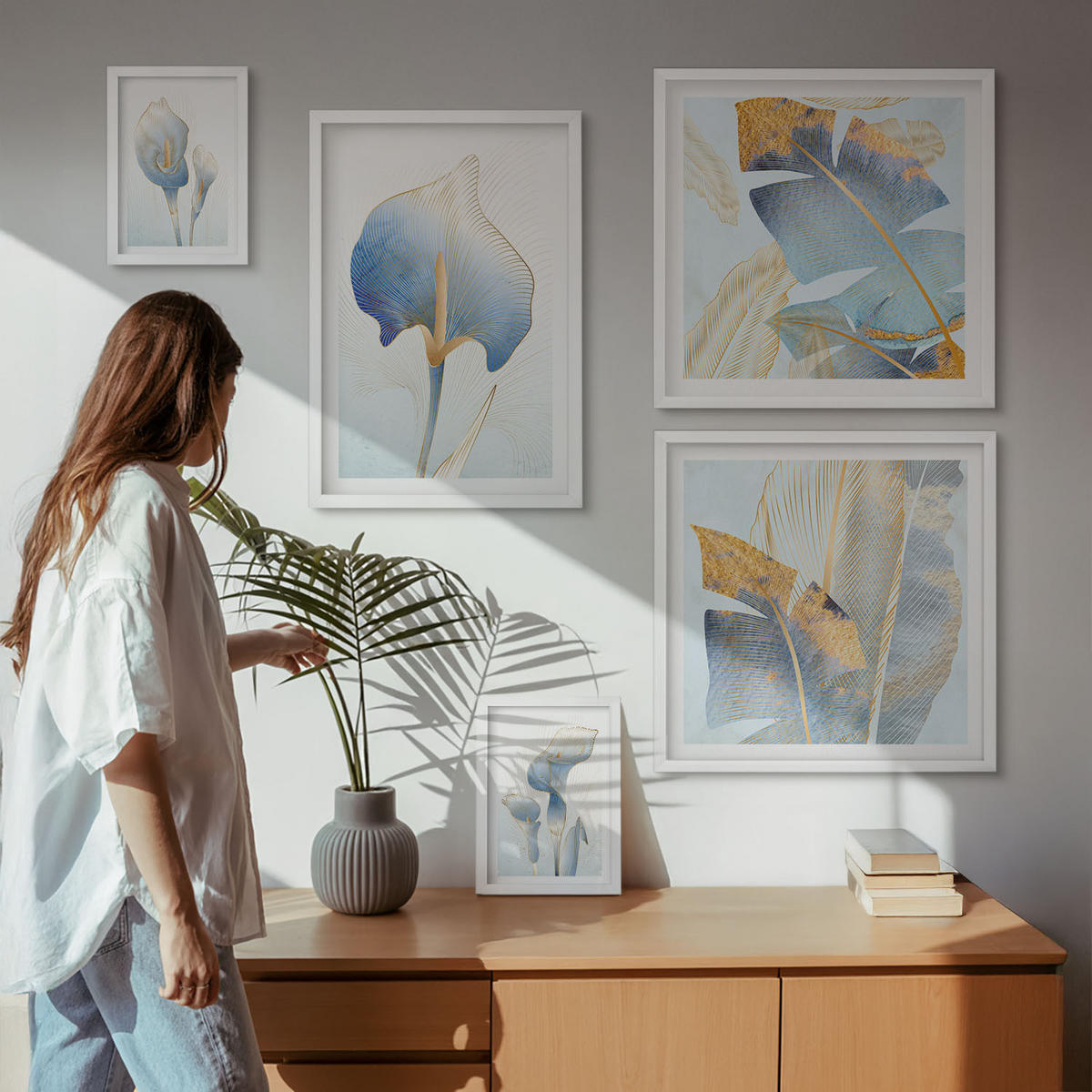 WANDBILDER 5er-Set - 50x50 cm & 20x30 cm & 40x60 cm Weißer Rahmen - Blaue Blumen im Hintergrund - Weiß, Kunststoff (40/60cm) - ArtPrintCave