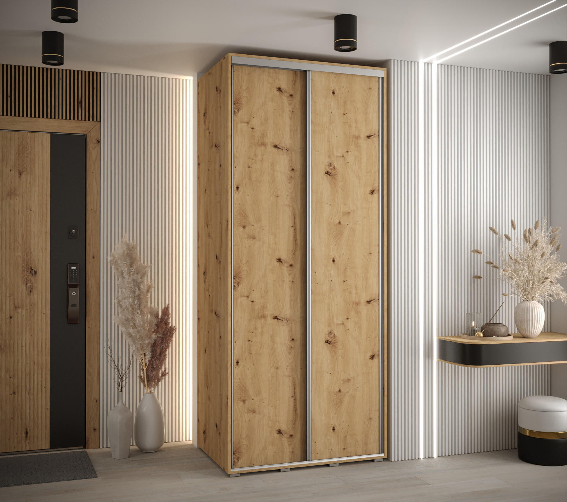 SCHWEBETÜRENSCHRANK 235,2/100/60 2-türig - Silberfarben/Eiche Artisan, Holz/Metall (100/235/60cm) - Abiks Möbel