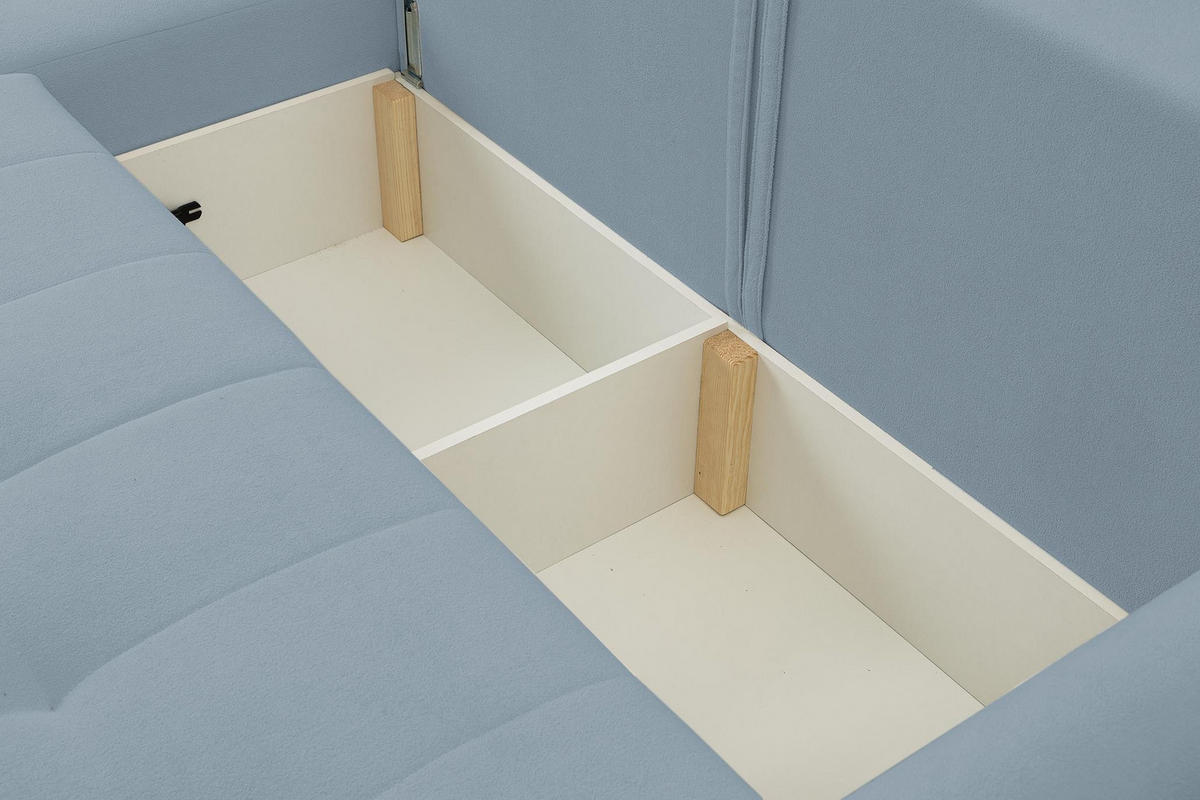 ECKSOFA Sprento Hellblau, aus Boucle-Stoff, mit Schlaffunktion und Bettzeugfach - Hellblau, Holzwerkstoff/Textil (230/149cm) - Bettso