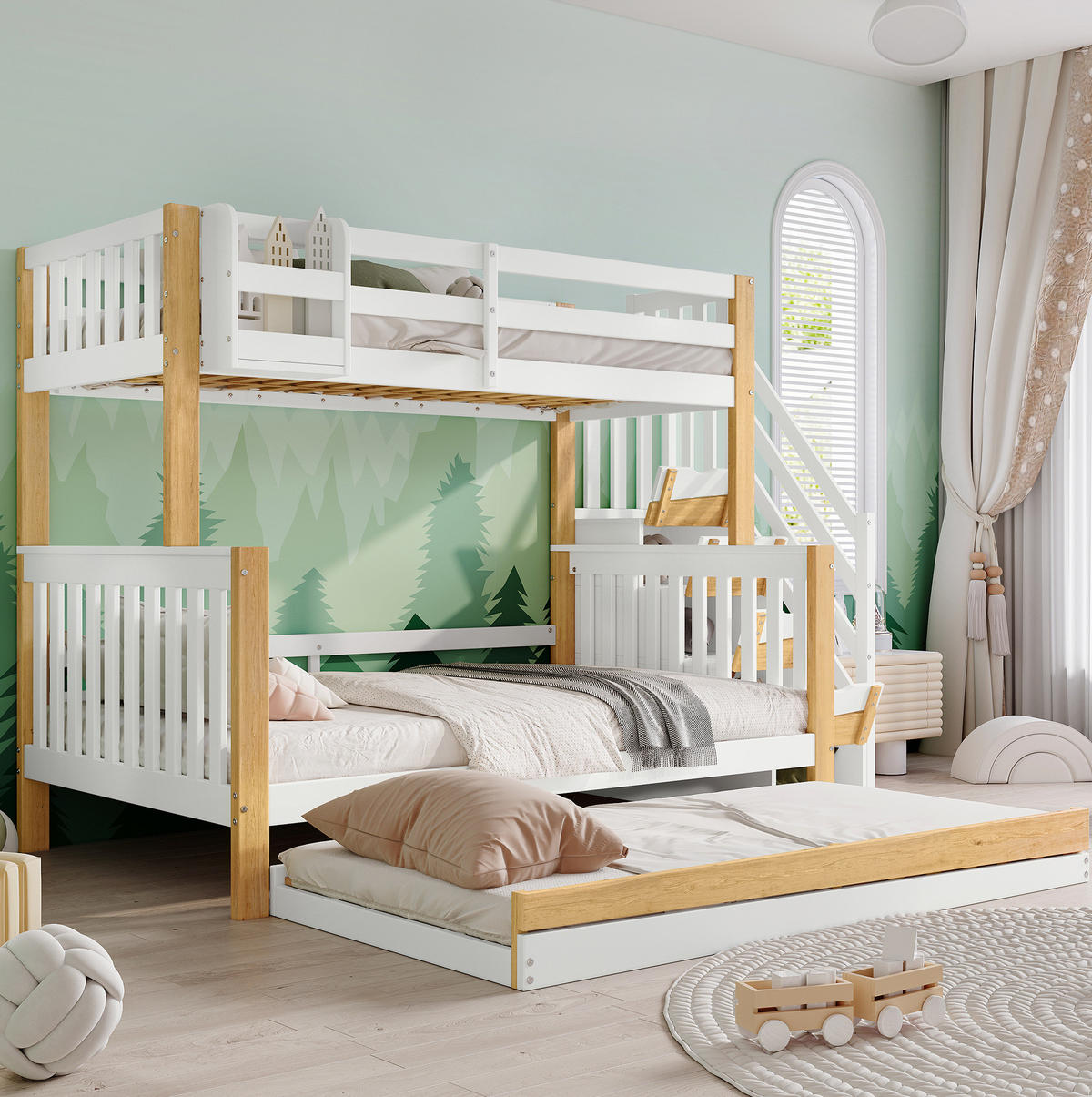 ETAGENBETT 90/200 & 120/200 cm mit Rollbett, Stauraumtreppe und Regal, Kiefer/MDF, Weiß/Natur - Weiß, Holz (90/200cm) - Redom