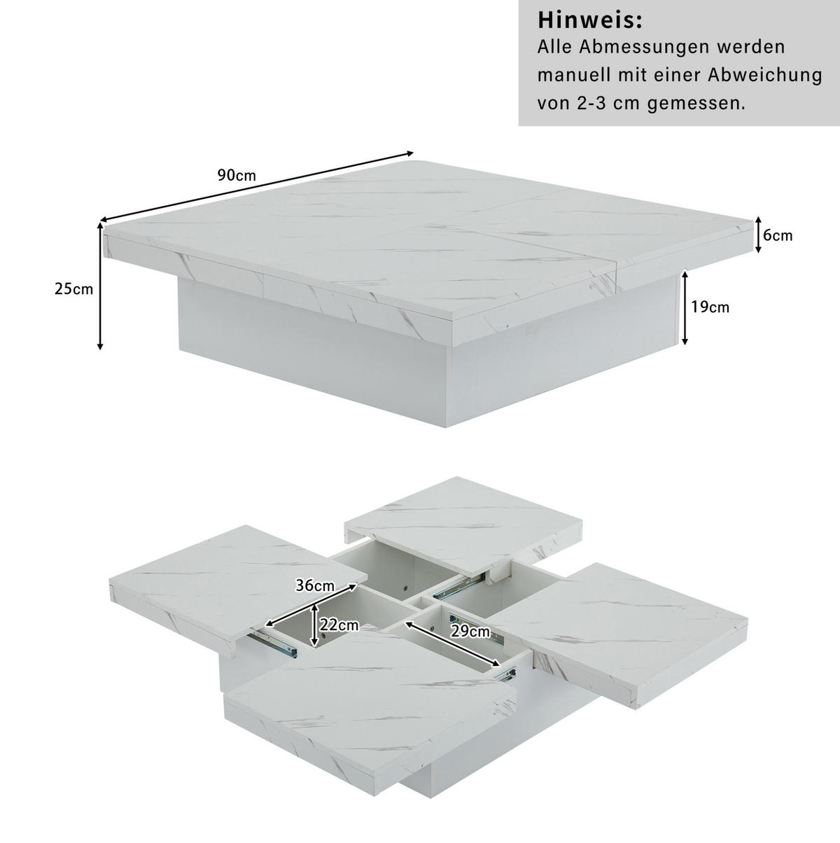 COUCHTISCH 90/90/25 cm mit 4 Schubladen, verschiebbarer Tischplatte und Marmor-Optik aus Spanplatte, Weiß - Weiß, Holzwerkstoff (90/90/25cm) - Redom