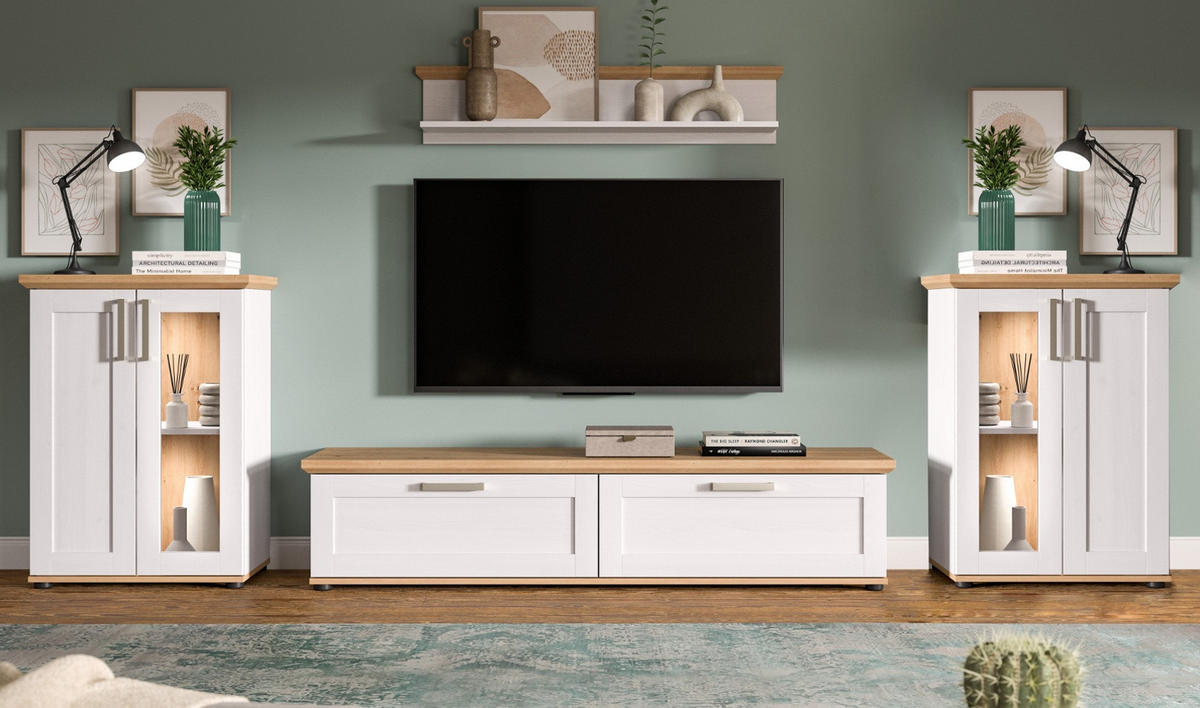 WOHNWAND 4-teilig weiß Lärche, Eiche Artisan 316 cm Landhaus, Schrankwand mit viel Stauraum - Silberfarben/Schwarz, Holzwerkstoff/Kunststoff (316/171/40cm) - Inn.Furn