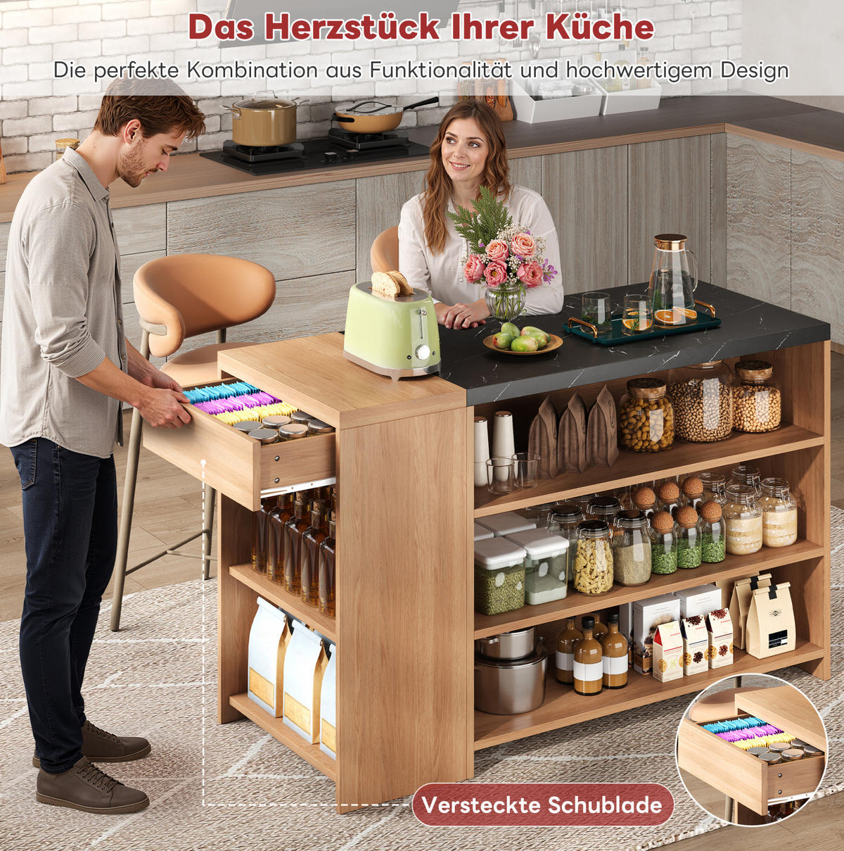 KÜCHENINSEL 140/60/90 cm in Eichefarben/Schwarz mit Stauraum und Schublade - Naturfarben, Holzwerkstoff (140/90/60cm) - BEAOK