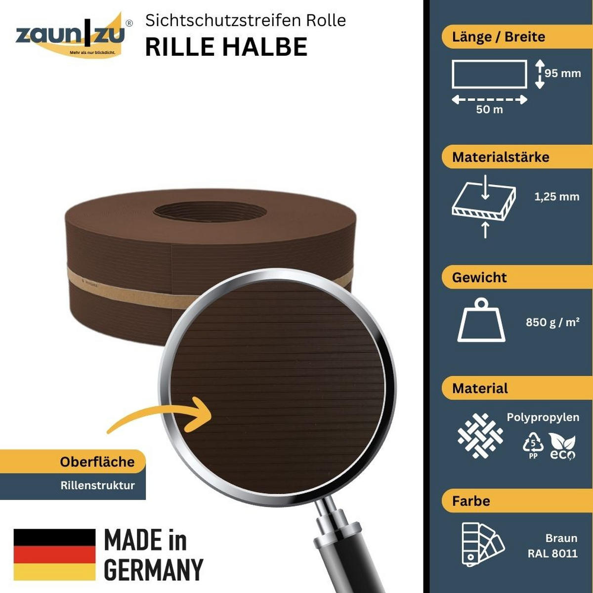 SICHTSCHUTZSTREIFEN Rille Halbe Rolle für Doppelstabmatten Braun 50m - Braun, Kunststoff (5000/9.5cm) - ZAUN|ZU