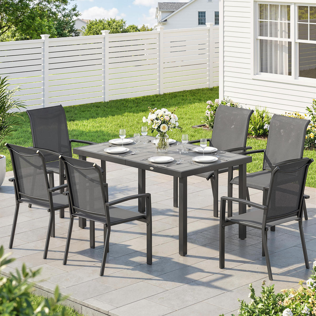 GARTENMÖBELSET 7-teilig,zweiteiliger Tisch+6 Texteline-Stühle,grau - Grau, Metall - Vallsero